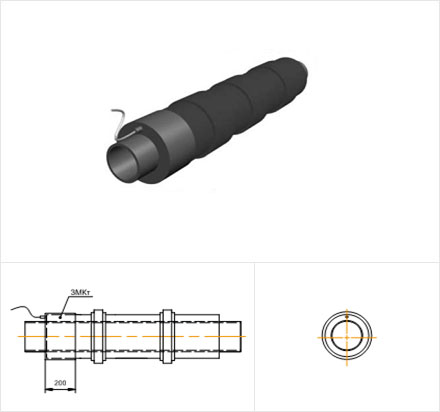 Трубы стальные в полиэтиленовой  трубе-оболочке, усиленной бандажами, с металлической заглушкой изоляции  и торцевым  кабелем вывода